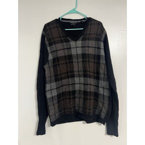 Impermeable Merino Wool/ Cashmere V-neck Sweater Black Plaid Men's Size L - Picture 1 of 5